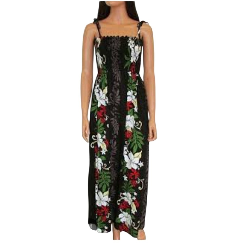 Two Palms Maxi Dress Womens OS Black Tropical Floral Smocked Hawaiian Boho